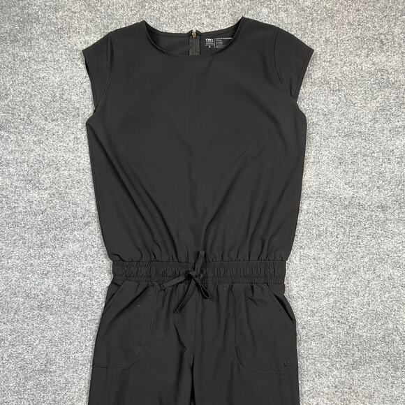 Albion Jumpsuit Women Small Black Ankle Zip Cap Sleeve Smocked Tie Waist BackZip - Picture 3 of 13